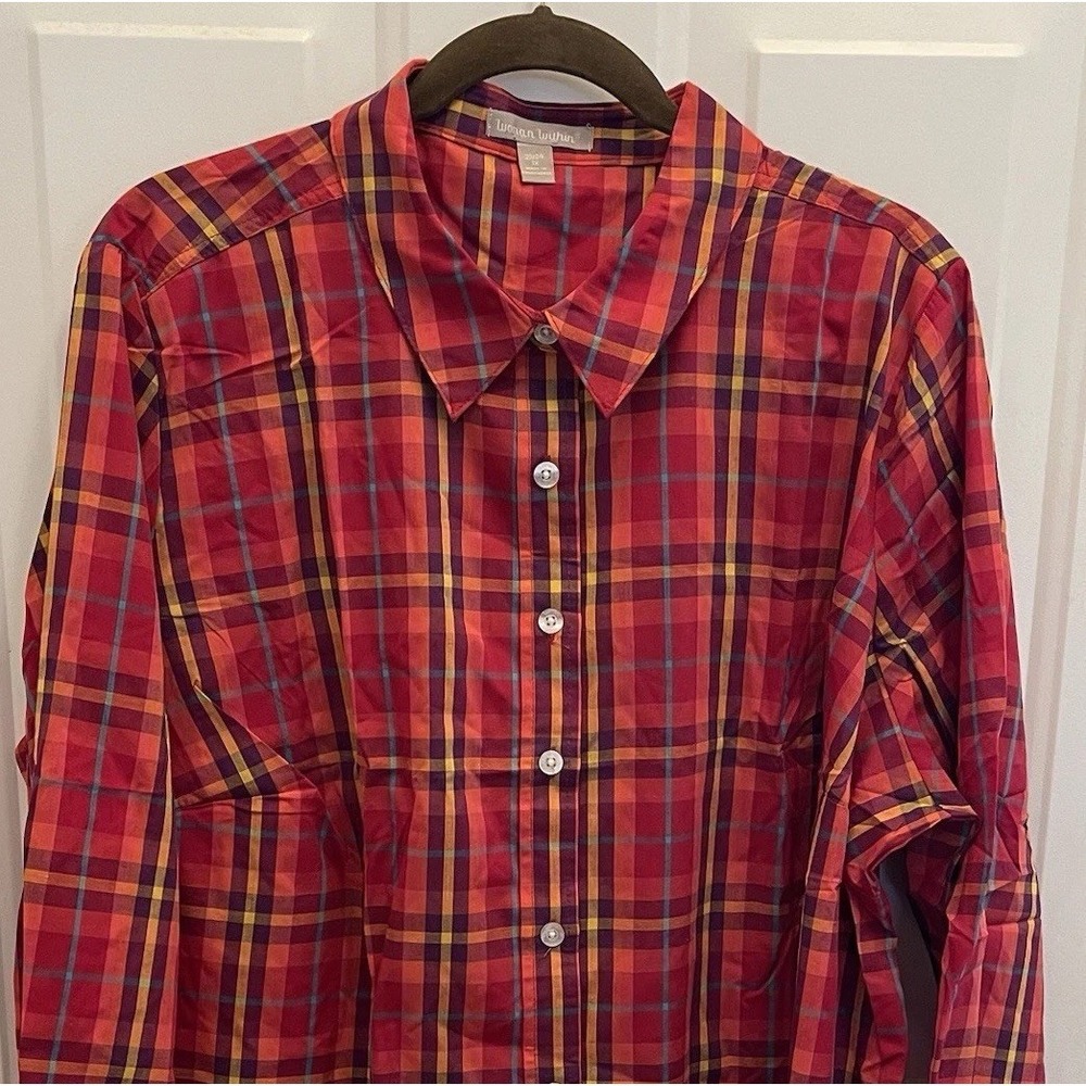 Woman Within Red Plaid Button Up Long Sleeve Shirt 22‎ 24 Preppy Classic New